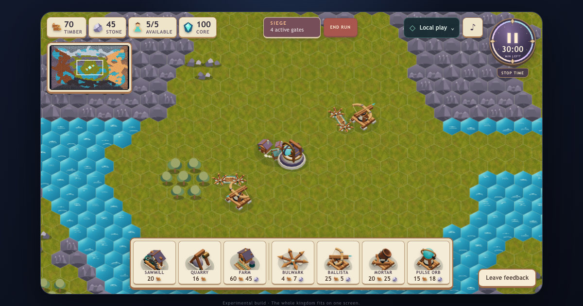 Actual Clockhold battlefield showing the building dock, resource counters, minimap and Timekeeper dial